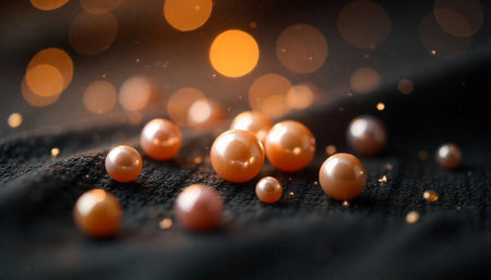 Elegant pearls on dark fabric with bokeh backgroundの写真素材