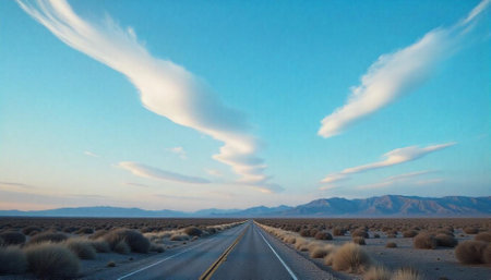 Desert highway towards mountains with cloudy blue sky above