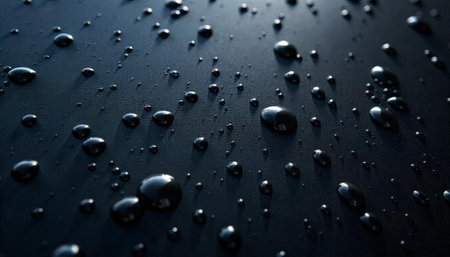 Water droplets on dark surface creating abstract patternsの写真素材