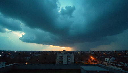 Dramatic storm clouds over city skyline during golden hourの写真素材