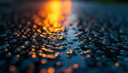 Reflections on wet asphalt creating bokeh light effects