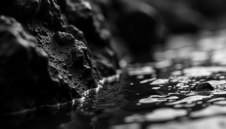 Monochrome image featuring textured rock and rippling water surfaceの写真素材