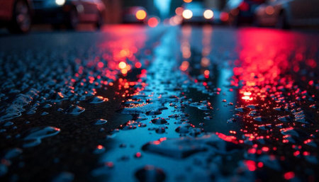 Night city street reflections illuminated by vehicle lightsの写真素材
