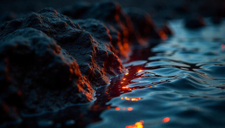 Coastal rock formation meets ocean waves in warm lightの写真素材