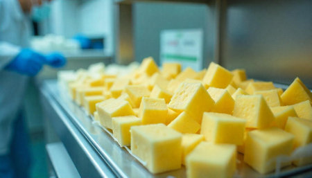 Yellow Cheese Cubes on Steel Tray, Preparation in Process
