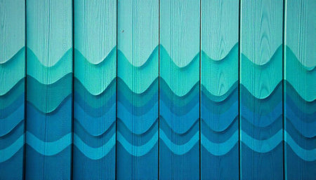 Painted wooden fence with blue wave pattern background