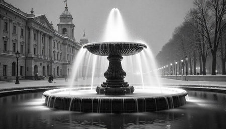 Monochromatic park scene with fountain and architecture in winter