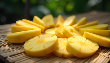 Bright yellow jackfruit slices arranged on a bamboo mat