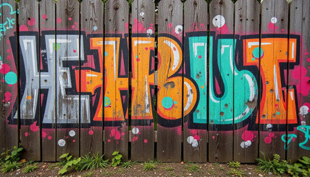 Colorful street art graffiti text on wooden fence backdrop