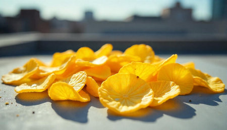 Bright yellow petal arrangement against blurry cityscape backdrop image