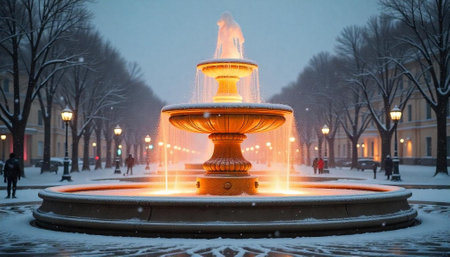 Glowing fountain amidst winter snow in city parkの写真素材