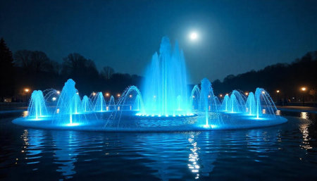 Illuminated fountain at night with moon light above treesの写真素材