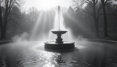 Monochrome fountain scene shrouded in ethereal mist and sunlightの写真素材