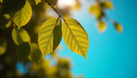 Green leaves against a vibrant blue sky backdrop image