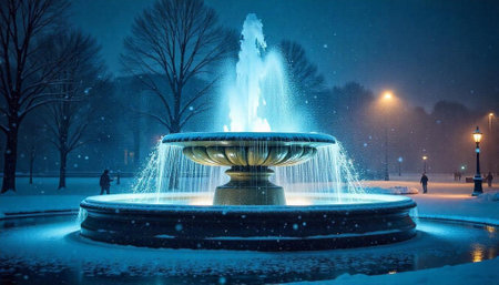Illuminated fountain in a snowy winter park sceneの写真素材
