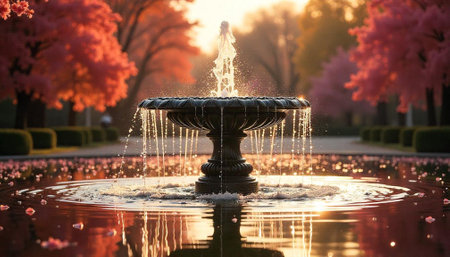 Elegant fountain with water and light in scenic gardenの写真素材