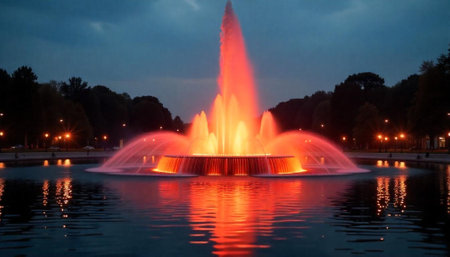 Illuminated fountain with orange glow reflecting in dark waterの写真素材