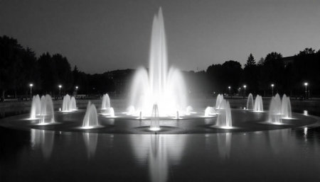 Monochrome fountain display reflects in dark still water pond
