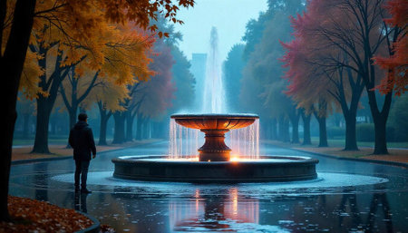 Man contemplates illuminated fountain in autumn park landscapeの写真素材