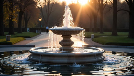 Sunlit water fountain in a park setting at sunrise