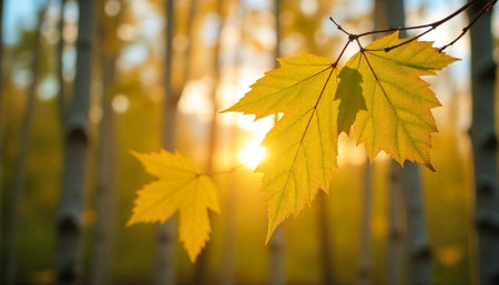 Golden maple leaves glow in warm autumn sunlight scene