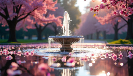 Fountain with cherry blossoms reflecting in water during springtime