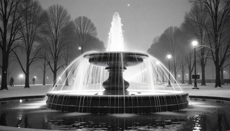 Winter wonderland fountain at night in grayscale tones image
