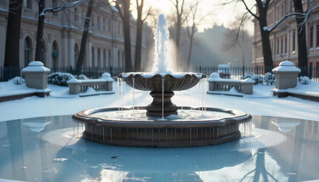 Snowy park fountain with icicles on a winter dayの写真素材