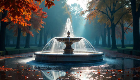 Classic fountain surrounded by autumn trees in tranquil parkの写真素材