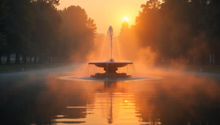 Serene fountain with vibrant sunrise in tranquil park settingの写真素材
