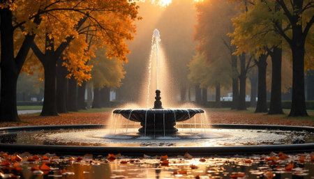 Autumn fountain with golden sunlight and trees in parkの写真素材