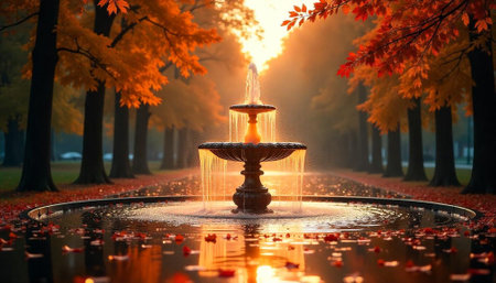 Autumn park fountain with colorful foliage and sunlight