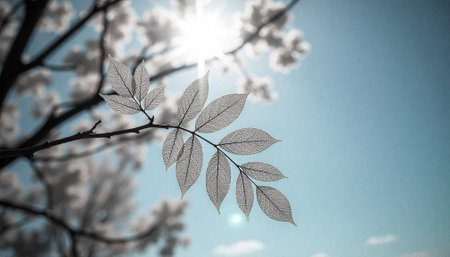 Translucent leaves against a bright sky on a treeの写真素材