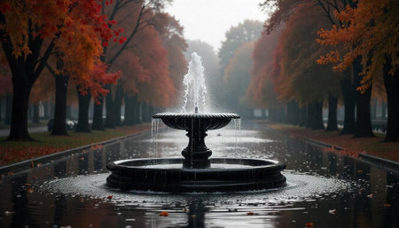 Autumn fountain in a park alley under a misty sky