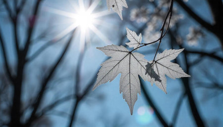 Backlit silver maple leaves against winter blue skyの写真素材