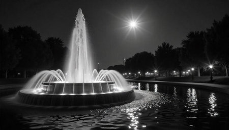 Monochrome illuminated fountain at night with water reflectionsの写真素材
