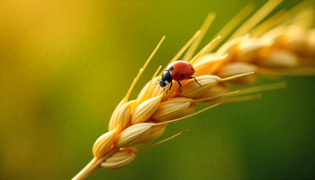 Ladybug sitting on a wheat stalk in summer fieldの写真素材