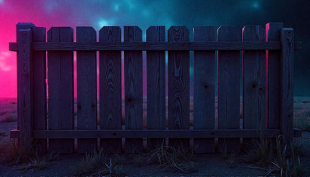 Wooden fence on field reflecting vivid pink and blue lightsの写真素材