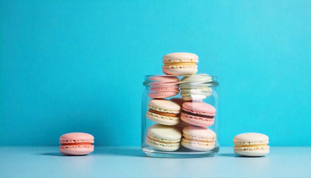 Colorful macarons in jar against turquoise background sweet display