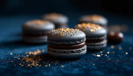 Elegant blue macarons with golden sprinkles on a dark surface