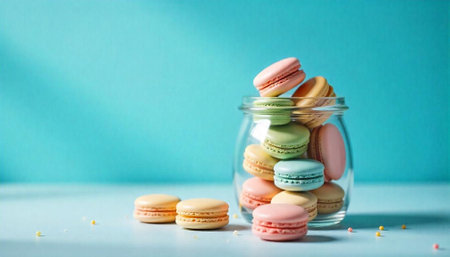 Assorted colorful macarons in a glass jar on blueの写真素材