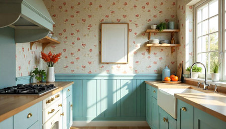 Charming vintage kitchen interior with blank frame mockup