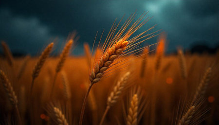 Wheat Field Under Dramatic Sky: Golden Harvest Backdropの写真素材
