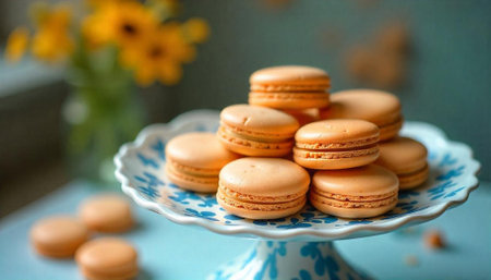 Stack of delicious peach colored macarons on decorative cake stand
