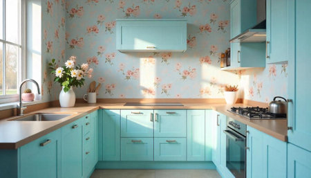 Light blue floral kitchen with wooden countertops, white accentsの写真素材