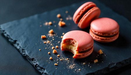 Three pink macarons on dark slate background with crumbs