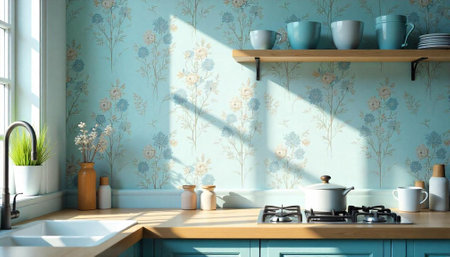 Serene kitchen interior with floral wallpaper and wooden accents