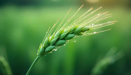 Dewy wheat ear against soft green background imageの写真素材