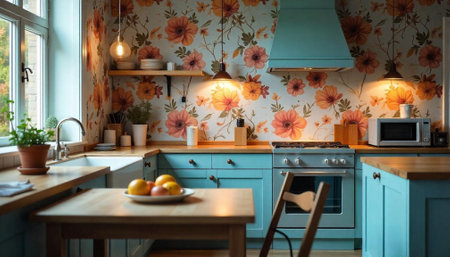 Vintage style kitchen featuring floral wallpaper and blue cabinetsの写真素材