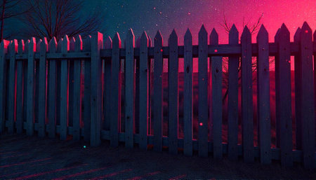 Wooden fence with pink and blue neon color gradient